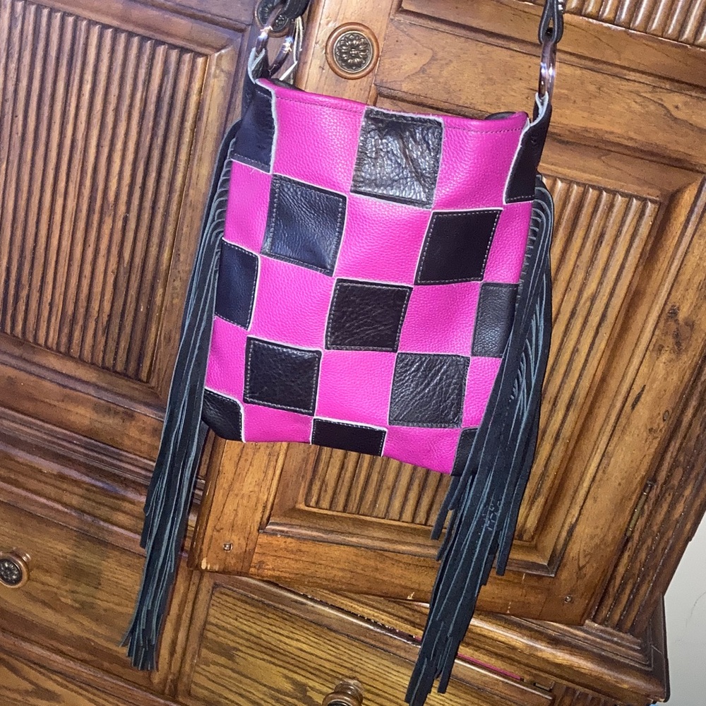 Western leather Pink and Black Checkered Fringe Bag with fringe 🤠